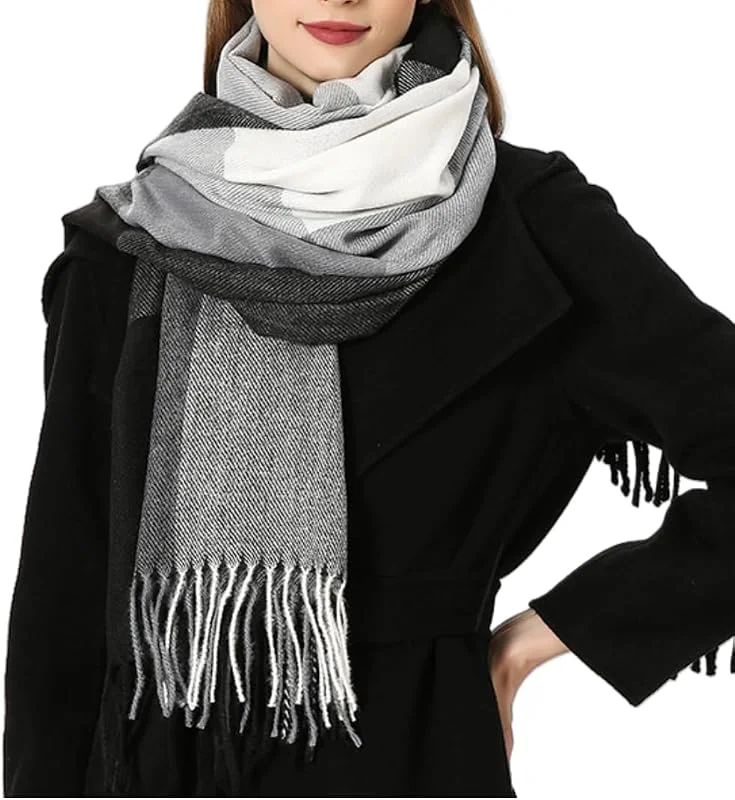 DURINM Bufandas Mujer Invierno Grande a Cuadros de invierno con tacto de cachemira para mujer Cachemira sintética Chal Cálido Moda Largas Bufandas Mujer Invierno de Punto con Flecos para Mujeres Hombres — Ropa Navidad