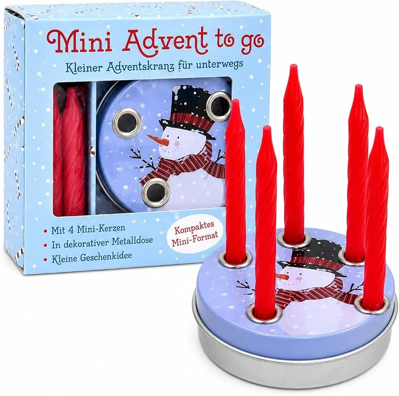 MIJOMA Advent-to-go - Corona de Adviento con 4 mini velas rojas, muñeco de nieve — Adviento y mesa