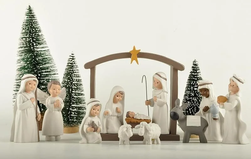 MeritMode Juego de belén, 12 Piezas, Figura de la Sagrada Familia, Mini Figuras Decorativas de Navidad religiosas pintadas a Mano, Juegos de belén Que Incluyen el bebé Jesús, María y José, Resina, Color Blanco — Decoracion Navidad