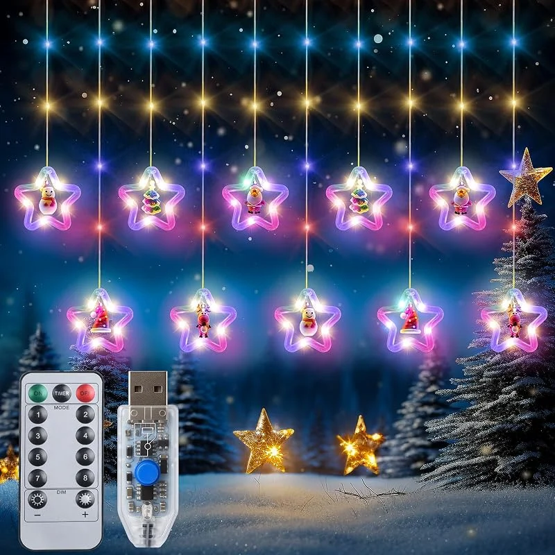 Qoosea Cortina de Luces Navideñas, 100LED Estrellas Cortina de Luz USB, 3M 8 Modos Impermeable Cadena Luces Guirnaldas Interior Exterior Decorativas para Boda Fiesta Jardín, Colores — Luces Navidad