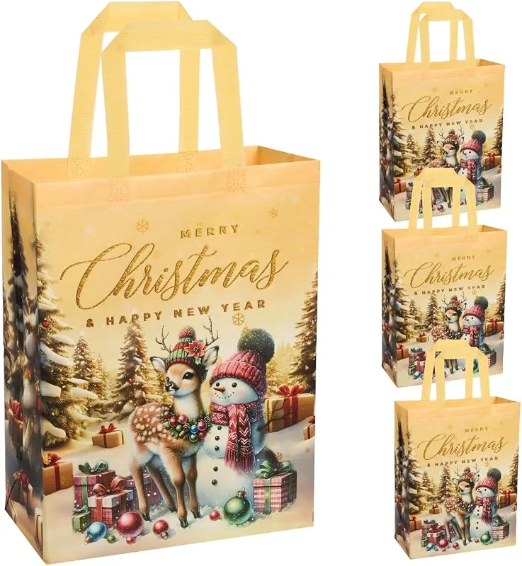 BIULDPY Bolsas de Regalo Navideñas Grandes, 4 Bolsas Reutilizables de Tela No Tejida Amarilla con Estampado de Alce y Muñeco de Nieve para Envolver Regalos — Envoltorio regalo