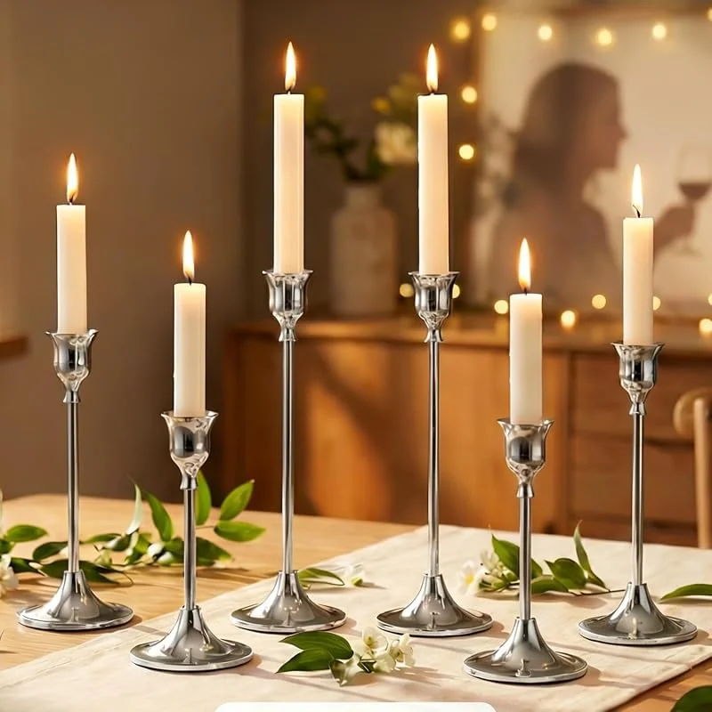 Juego de 6 portavelas de metal retro en forma de cono para mesas de comedor, chimeneas, bodas y decoraciones de inauguración de la casa (plateado) — Cena a la luz de velas