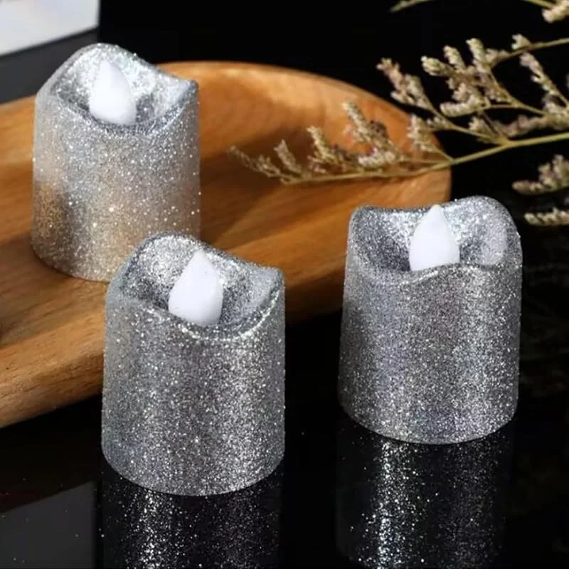 YiYFiT Velas votivas LED plateadas con purpurina, funciona con pilas, velas falsas, velas de té sin llama, regalos para fiestas en casa, bodas, Halloween, decoración navideña (6 unidades) — Cena a la luz de velas