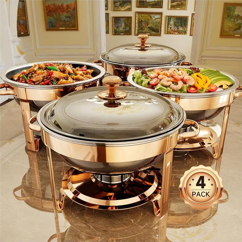 KScocina Juego de 4 platos redondos de acero inoxidable de 5 cuartos de galón para fiestas en casa, reuniones de Navidad, eventos de catering, juego completo de calentador de buffet (oro rosa) — Adviento y mesa