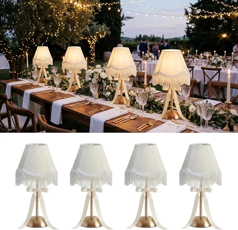 Grinsvalley Paquete de 4 lámparas de mesa inalámbricas con borla de boda, recargables, lámpara de escritorio LED, decoración de mesa portátil con lazos para comedor, despedida de soltera, al aire — Cena a la luz de velas