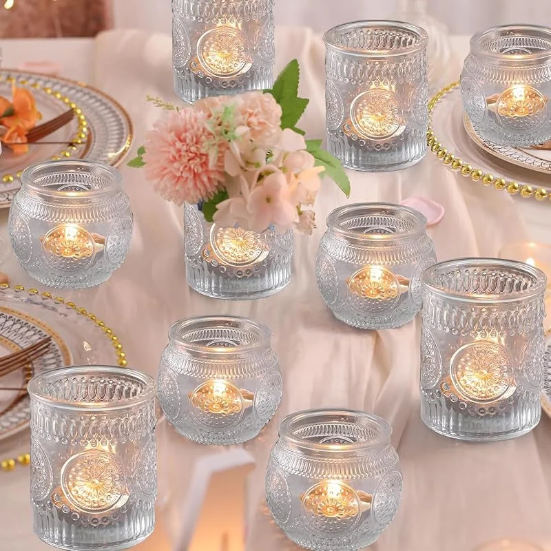 Jinavoty 12 portavelas de cristal transparente, portavelas votivos vintage para centros de mesa, hogar, despedida de soltera, cumpleaños, decoración de mesa de fiesta (12, transparente) — Cena a la luz de velas