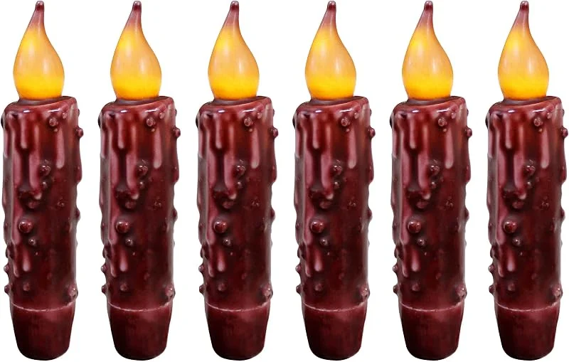 CVHOMEDECO. Velas cónicas con temporizador LED de cera real sumergidas a mano con pilas, rústicas primitivas sin llama, decoración de 4.75 pulgadas, color borgoña, 6 unidades en un paquete — Cena a la luz de velas