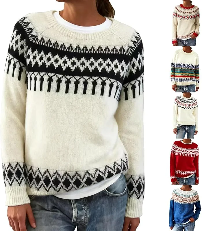 Generic HUIFUAO Fairisle - Jersey para mujer, talla grande, noruego, nórdico, islandés, para invierno, grueso, cálido, de Navidad, suéter de punto suave, vintage, suéter de manga larga — Ropa Navidad