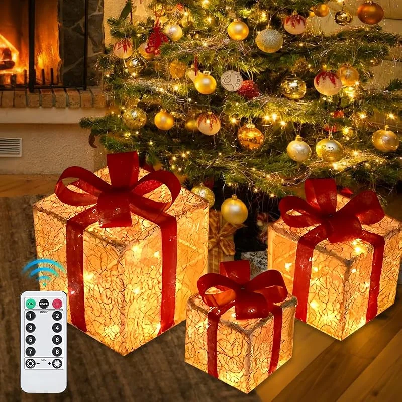 Mineup 3pcs Cajas de Regalo Led Decoración con Luz, 50 LED Cajas De Regalo Iluminadas De Navidad, 8 Modos CAJ Luz Decoración Navideña, CAJ De Navidad para Decoración Navideña Interior árbol de Navida — Envoltorio regalo