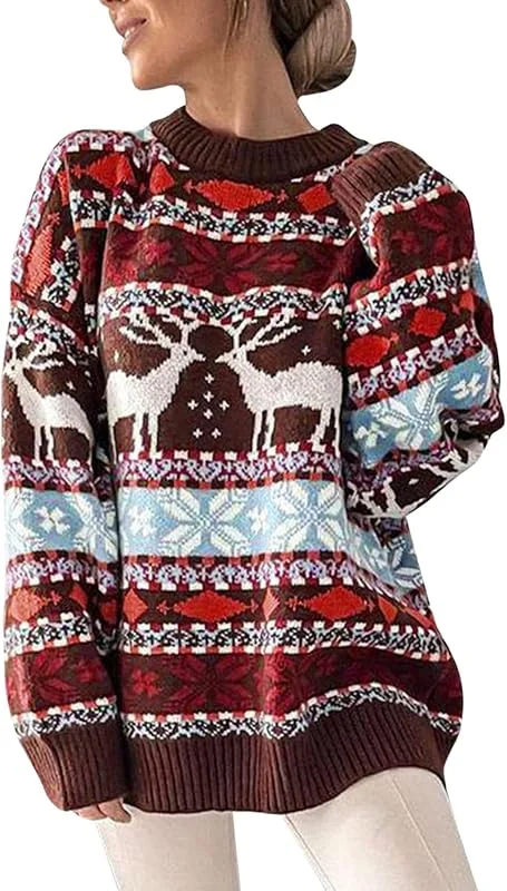 Genérico Jersey Navideño para Mujer Manga Larga Suéter de Navidad Invierno Ropa de Punto de Reno Monigote de Nieve Cuello Redondo Regalos navideños — Ropa Navidad