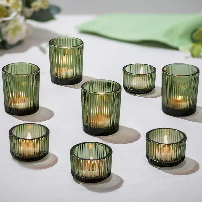 Hewory Juego de 8 portavelas de té de color verde, juego de 8 velas pequeñas, velas de té vintage, portavelas de cristal, decoración de mesa para salón, decoración de Navidad, boda, fiesta — Adviento y mesa