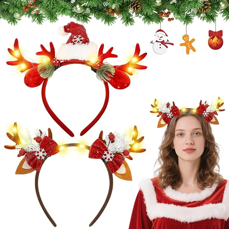 Seasboes LED Diadema de Navidad, 2 Piezas Diadema de Cuernos con Luz de Navidad, Navidads Diademas Reno Cuernos Reno Diademas de Navidads para Fiesta de Navidaddeco, Adultos Para los Suministros Decoraciones — Ropa Navidad