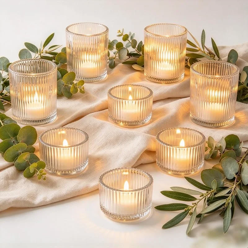 Glasseam Portacandelitas de Cristal, Set de 8 Portacandelitas Transparentes, Portacandelitas Acanalado para Mesa de Comedor, Portacandelitas Chic para Boda Navidad Decoración del Hogar — Cena a la luz de velas