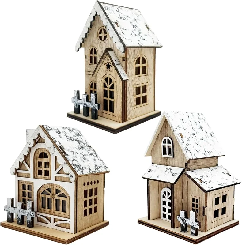 Hbbgdiy Juego de 3 Casas de Pueblo navideñas de Madera iluminadas con Techo de Nieve, centros de Mesa de Navidad, decoración de Casas de Vacaciones, Escena Festiva de Invierno — Decoracion Navidad