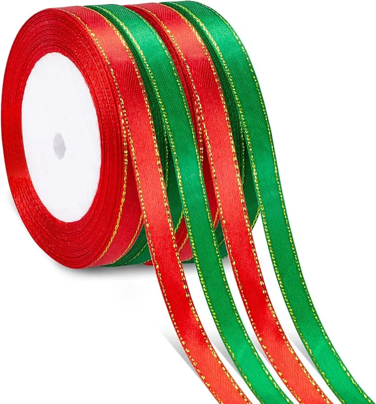 Visita la tienda de Kiiwah Kiiwah 4 Rollos Cintas de Navidad Tela Decoración, Cinta Organza Navidad, Cinta Regalo Navidad Embalaje Manualidades Lazos Decoración, Cintas de Raso Navideña para Navidad árbol Coronas Tartas Decor — Envoltorio regalo