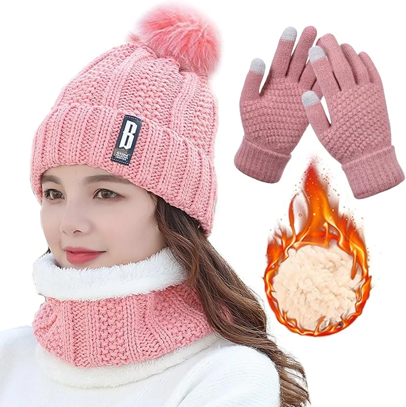 TYXHXTF Conjunto 3 en 1 de Punto: Gorro, Bufanda y Guantes Térmicos para Mujer - Calentar Sombrero de Invierno para Esquí, Deportes al Aire Libre y Uso Diario - Rosa — Ropa Navidad