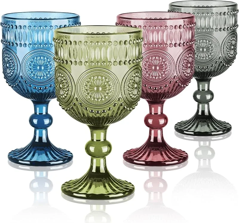 Visita la tienda de Joeyan Joeyan 350ml Copas de Vino Tinto de Colores con Floral Relieve, Set de 4 — Vino y mesa festiva