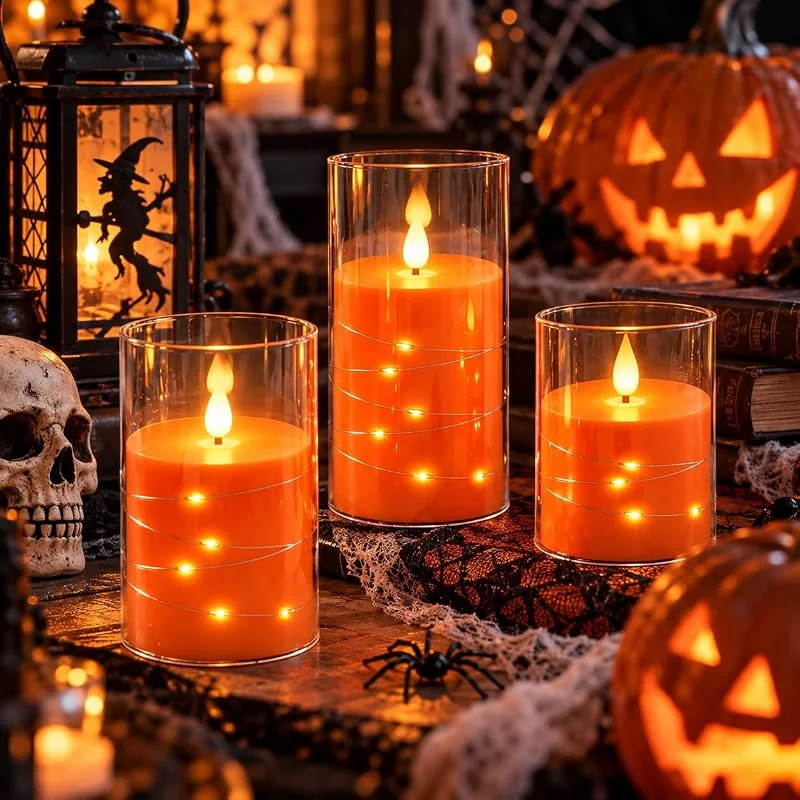 Visita la tienda de Da by 3 Velas LED Naranja con Tubo Transparente y Luces Hada Envolventes, Llama Parpadeante Interna Realista, 1 Mando, Plástico Resistente al Calor, Tamaños Surtidos para Decoración Interior y Exterior — Luces Navidad