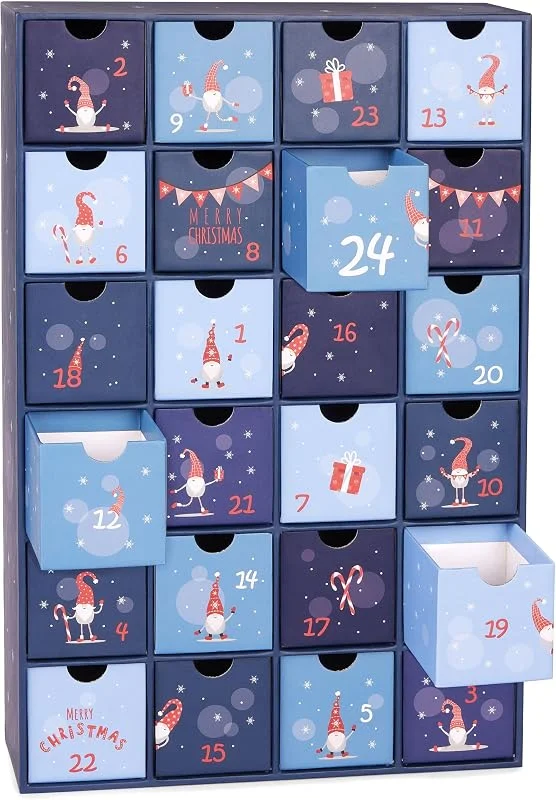 Visita la tienda de BRUBAKER BRUBAKER Calendario de Adviento para Rellenar - Gnomos Azules - Calendario de Navidad DIY con 24 Puertas para Vales, Dulces y Otras Sorpresas - 39 cm de Altura de CartóN — Envoltorio regalo