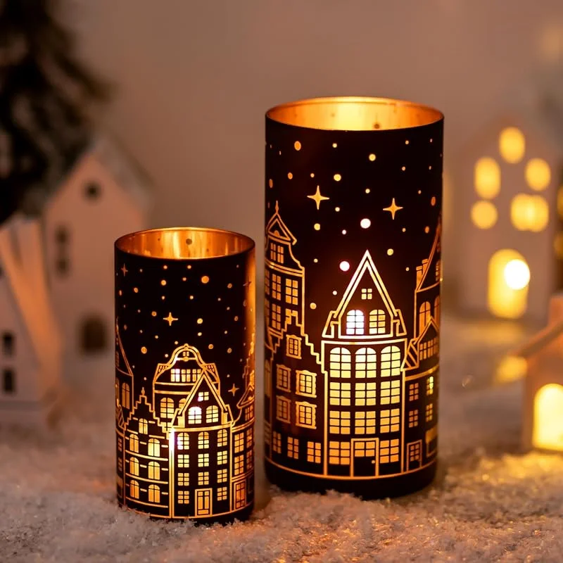 Glasseam Farol De Casa De Navidad DecoracióN NavideñA: 2 Faroles De Cristal Negro Dorado, Portavelas para DecoracióN De Mesa, Candelabro De Cristal para Casa De Navidad, Velas De Pilar para Regalo — Adviento y mesa