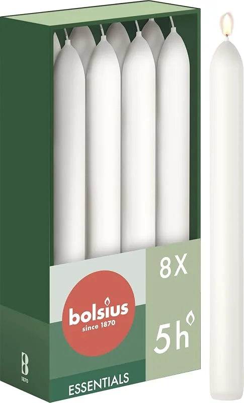 Visita la tienda de Bolsius Bolsius - Velas cónicas de cena - blanco - paquete de 8-17 x 2 cm - larga duración de combustión de 5 horas - sin perfume - cera vegana natural - sin goteo - sin aceite de palma — Cena a la luz de velas
