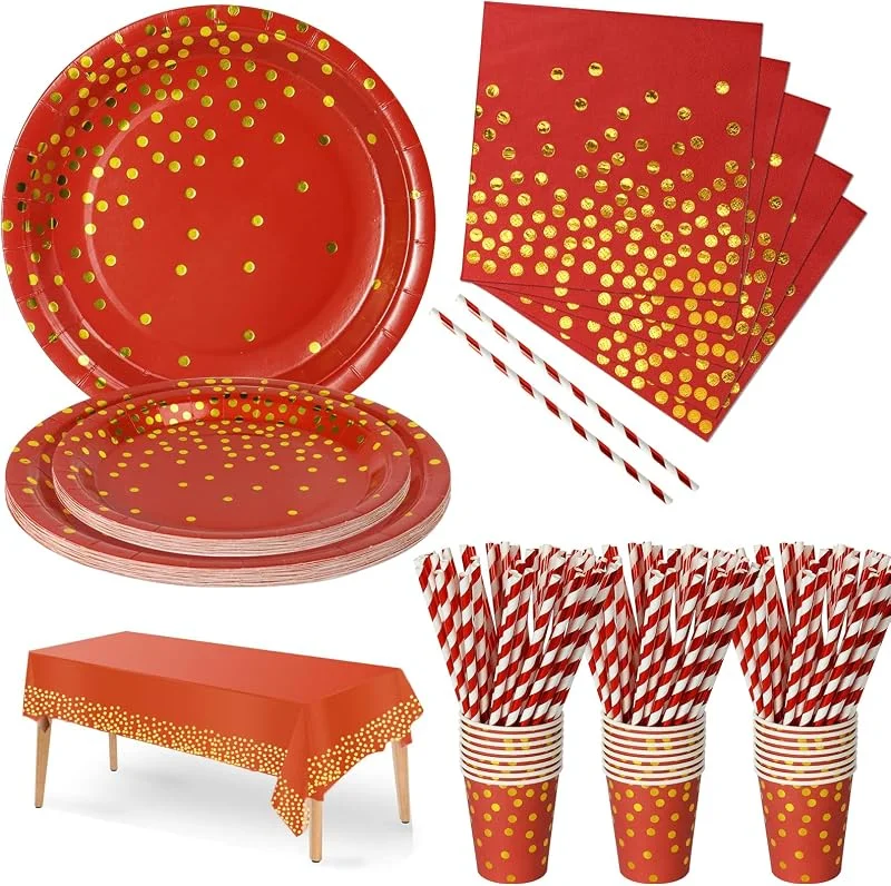Nkaiso 126 Piezas Oro Burdeos Vajilla Fiesta Platos Papel Vasos — Adviento y mesa
