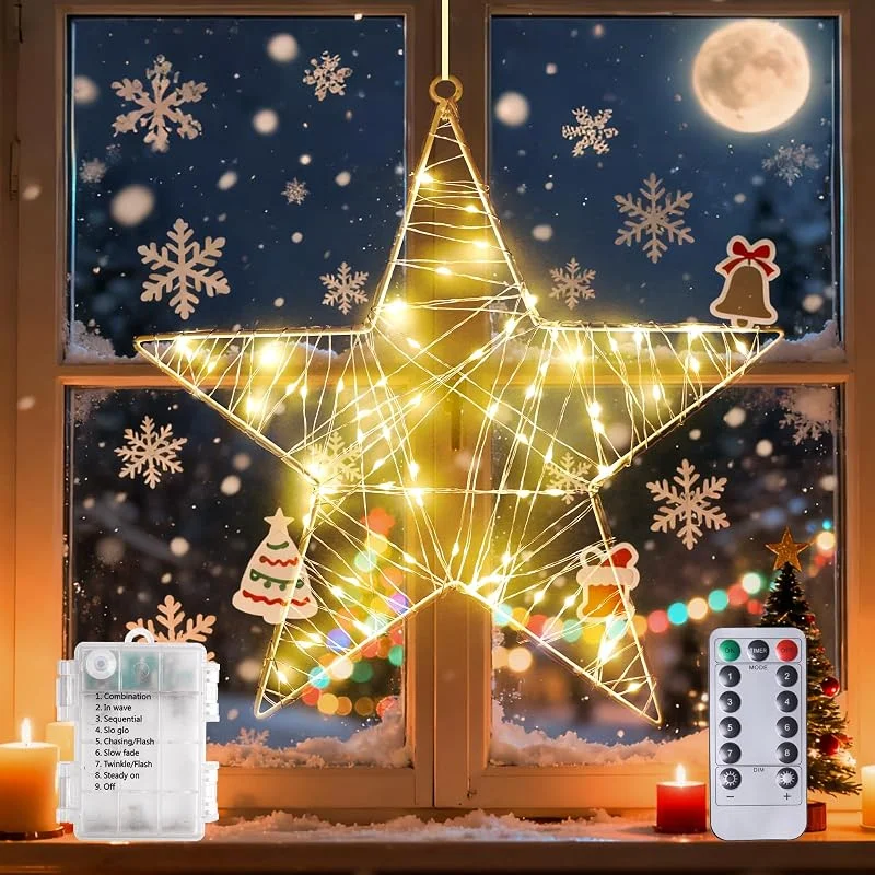 Visita la tienda de Lamptobe Estrella Navidad, Cortina Luces Decoración Navidad Ventana Interior con Pilas, Luz de Estrella Colgante con Control Remoto y Temporizador, 8 Modos, Blanco Cálido, DC 4.5V, 30CM — Decoracion Navidad