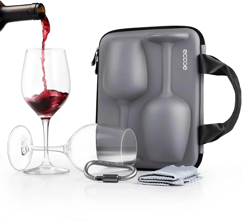ecooe Juego de copas de vino ecooe de 2 copas para llevar con funda protectora + paño de limpieza - Copas de vino para llevar para viajes a la playa, picnics al aire libre, regalo para amantes del vino — Vino y mesa festiva