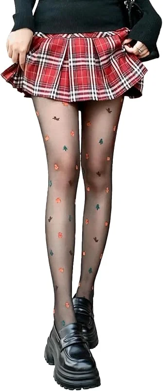 LEFZUR Medias Mujer Negras con Estampados Navideños, Pantys de Navidad para Mujer, Medias con Dibujos Navideños, Talla Única, Regalo de Navidad para Mujer para Fiestas — Ropa Navidad