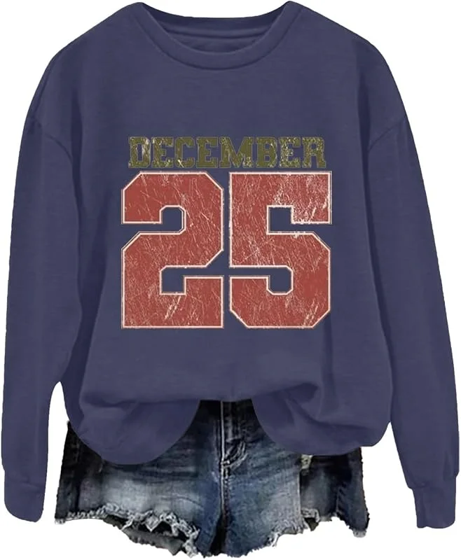 tacniseyw Suéter de Navidad para mujer, sudadera de manga larga con cuello redondo, camisetas divertidas, talla grande, estampado de Navidad, 25 de diciembre, sudadera de Navidad para mujer, novedad — Ropa Navidad