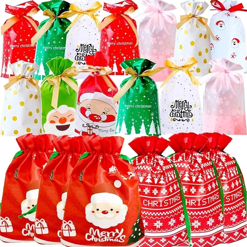 KAHEIGN 46 Piezas Juego De Bolsas De Regalo Con Cordón De Navidad, 10 Estilos 2 Tamaños Bolsas De Navidad Bolsa Para Envolver Regalos Pack Kids Bolsas De Regalo Con Cordón — Envoltorio regalo