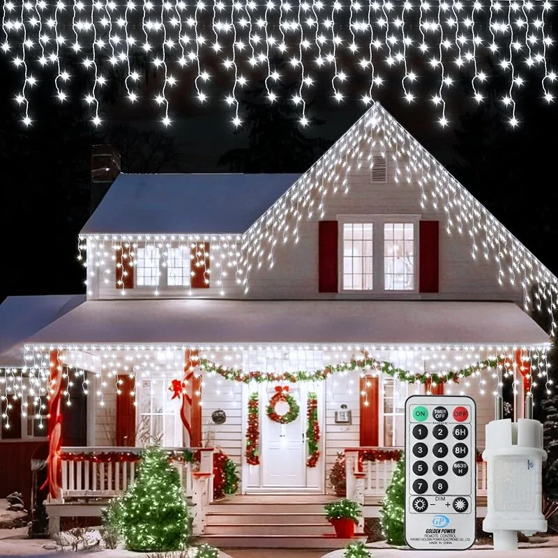 DBFAIRY 14M Guirnalda de luces para exteriores, 360 luces LED navideñas con temporizador y mando a distancia, 8 modos, guirnalda de luces navideñas impermeables para balcones y porches, color blanco — Luces Navidad