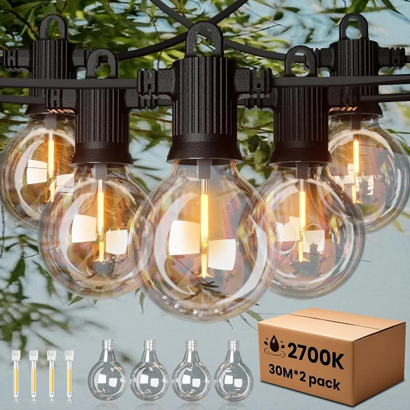 Visita la tienda de ZOTOYI ZOTOYI Guirnaldas Luces Exterior 60Metros, Guirnaldas de Luces Exterior IP65 Impermeable con G40 80+4 LED Inastillable Bombillas, Cadena de Luz para Terraza Patio Fiesta Balcones, 2700K Blanco Cálido — Luces Navidad