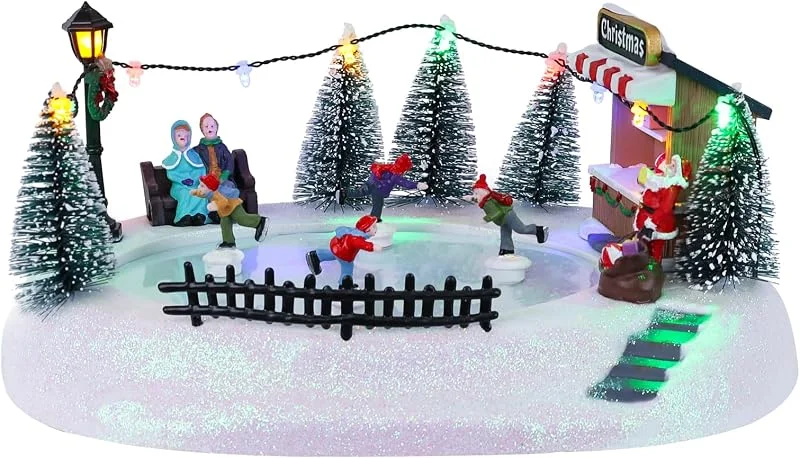 MEETYAMOR Casa de pueblo de Navidad, estanque animado de patinaje sobre hielo con 4 patinadores en movimiento, escena de nieve, pista de patinaje navideña iluminada para el hogar, repisa de mesa — Decoracion Navidad
