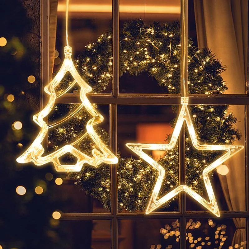 Jsdoin Luces de Navidad, Estrella y árbol de Navidad LED Cortina Luces a Pilas, Temporizador, Luz de Ventana para Christmas Decoracion, Fiesta, Boda, Bar (Estrella y árbol de Navidad) — Decoracion Navidad