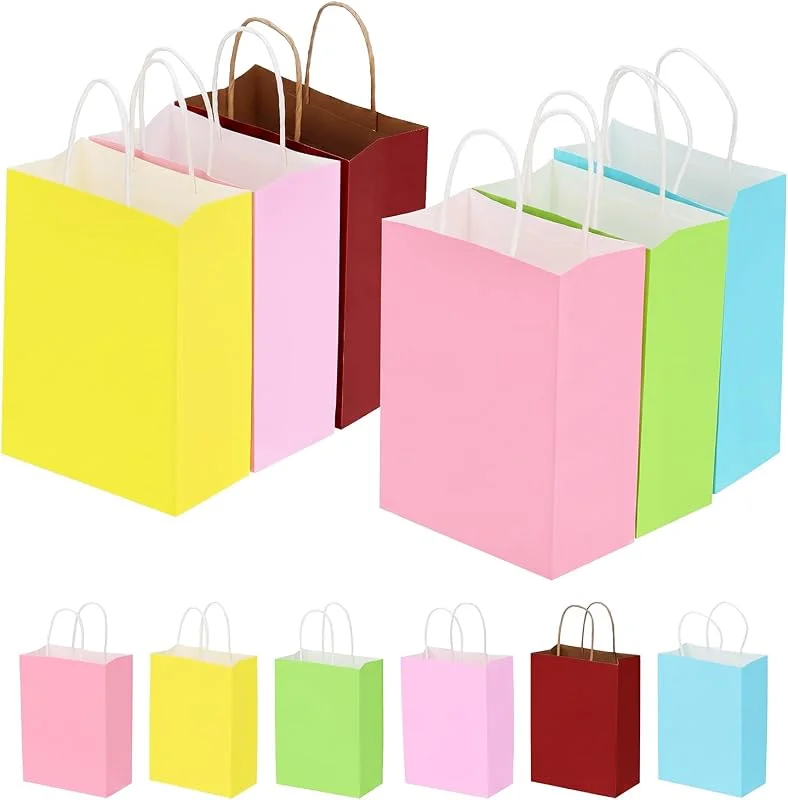 QWORK® Pack de 60 Bolsas de Regalo de Papel Kraft 21x15x8 cm – Bolsas Multicolores con Asas Reforzadas para Cumpleaños, Bodas y Navidad – Bolsas para Chuches, Detalles y Regalos Reutilizables — Envoltorio regalo