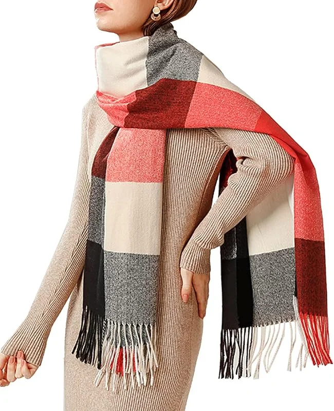 HYUET Bufandas Mujer Invierno Grande a Cuadros, Cachemira Chal Cálido Moda Largas Bufandas Mujer Invierno de Punto con Flecos para Mujeres Hombres — Ropa Navidad