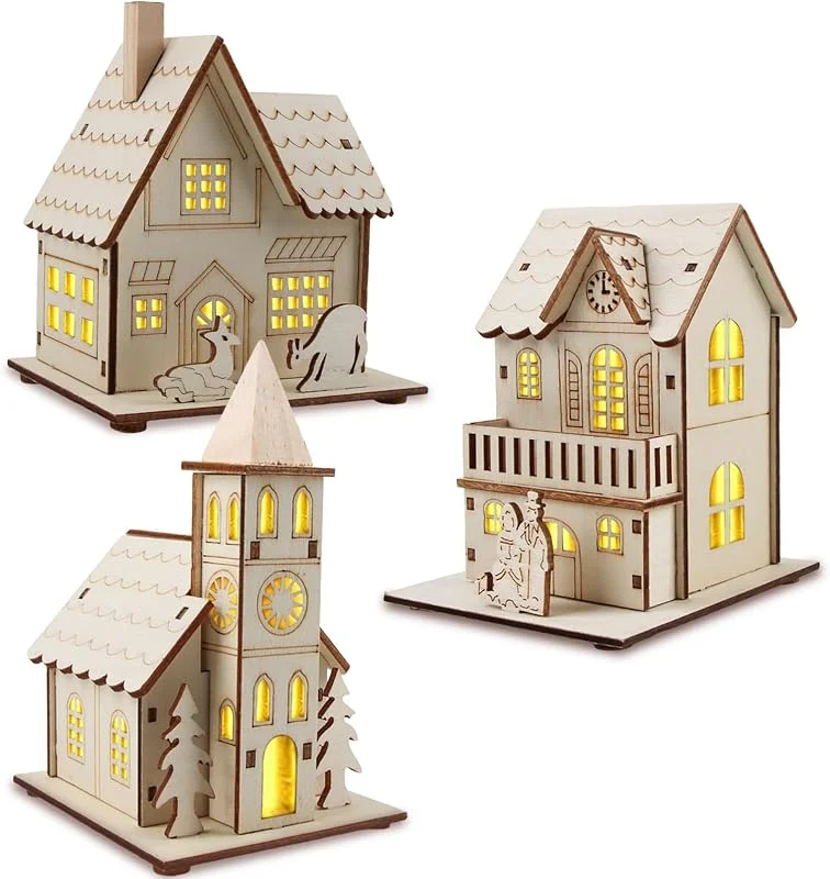 Fancysky 3 Piezas Casitas Navidad, Casa de Navidad LED de Madera, Modelo de casa de Invierno, Christmas Village House Crafts, Pueblo de Navideñas Luminoso, Holiday Wooden Decor — Decoracion Navidad