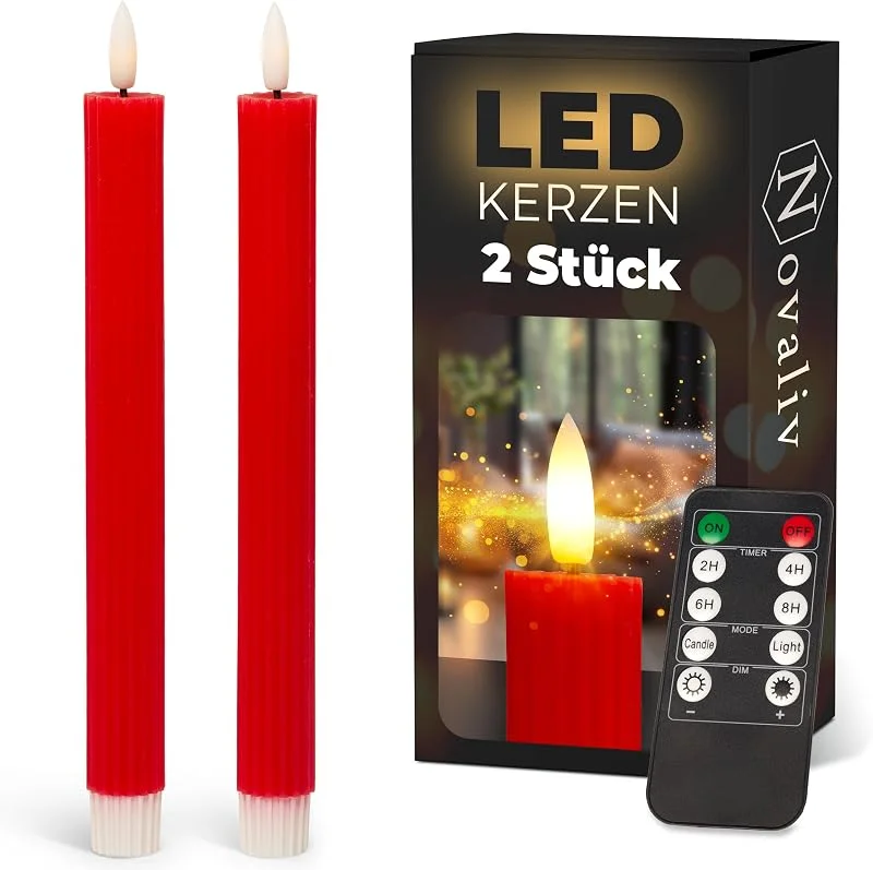 Novaliv Velas LED con temporizador rojo, 2 unidades para interior con temporizador de 6 horas, cera real, 23 cm de altura para velas, 2, 2 cm de diámetro, 2 pilas AAA necesarias, velas LED parpadeantes, llama — Cena a la luz de velas