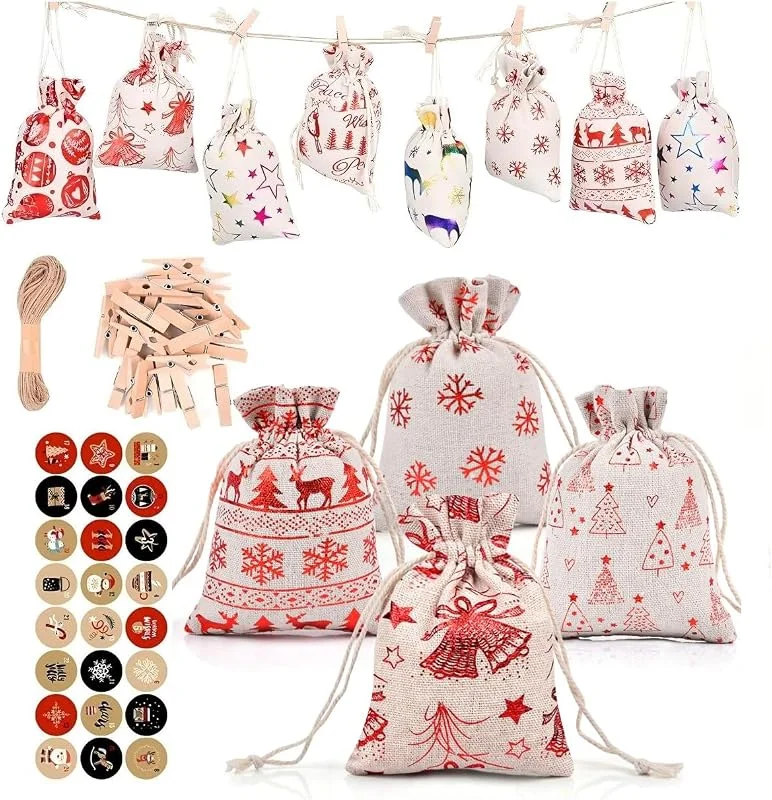 Funkprofi 24 Bolsas de Tela Navideñas Pequeñas con Cordón, 10 x 14 cm — Envoltorio regalo