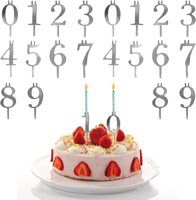VELAJA Juego de Portavelas con Números de Acero Inoxidable, 20 Piezas Reutilizables Portavelas para Velas de Cumpleaños Números 0-9, Candelabros para Pastel de Cumpleaños, Bodas y Aniversarios — Cena a la luz de velas