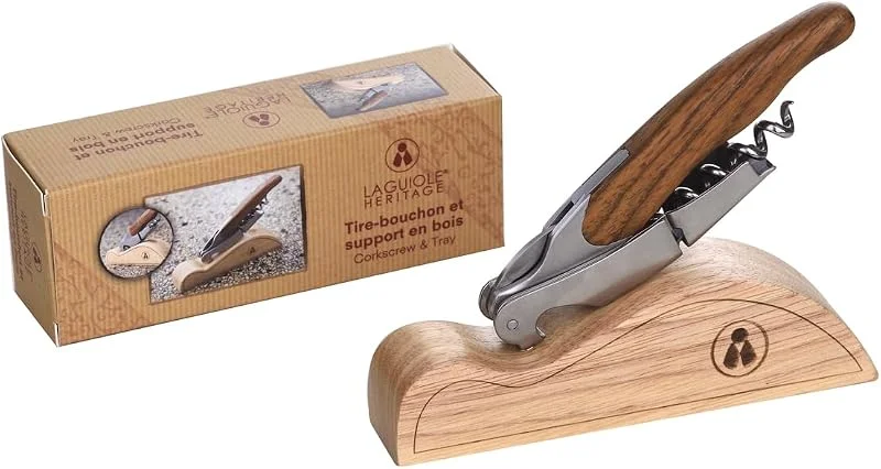 LAGUIOLE Sacacorchos Laguiole Heritage con tabla de servir - 12 cm - Hecho a mano - Mango de roble - Caja de regalo incluida - Cuchillo de camarero Sommelier con abrebotellas y cortahojas — Vino y mesa festiva
