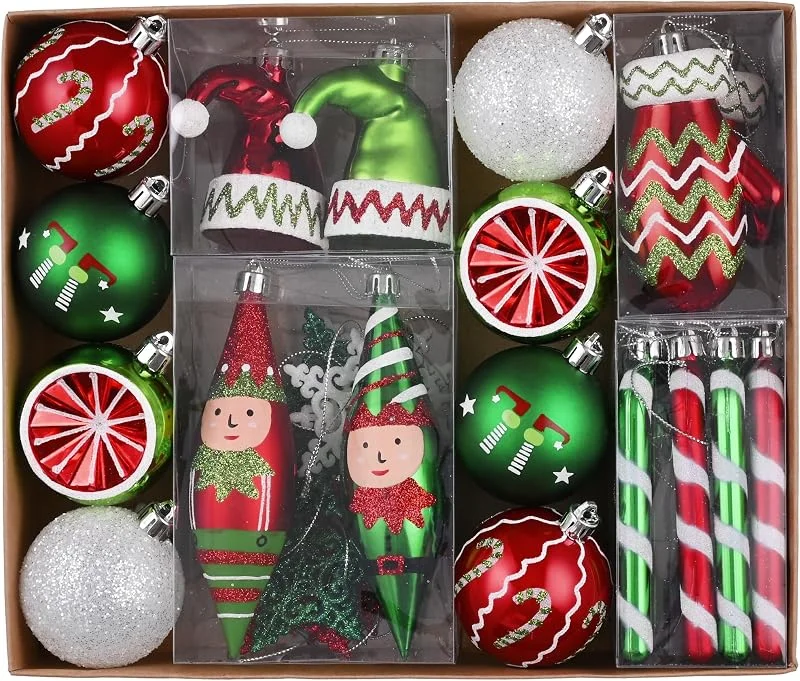 Visita la tienda de Victor's Workshop Victor's Workshop 40 Bolas de Navidad plásticos, Bolas arbol de Navidad Rojas, Verdes y Blancas，Set Bolas de Navidad Elfo, Adornos Navidad, Decoracion Navidad, Tema Rojo Verde y Blanco