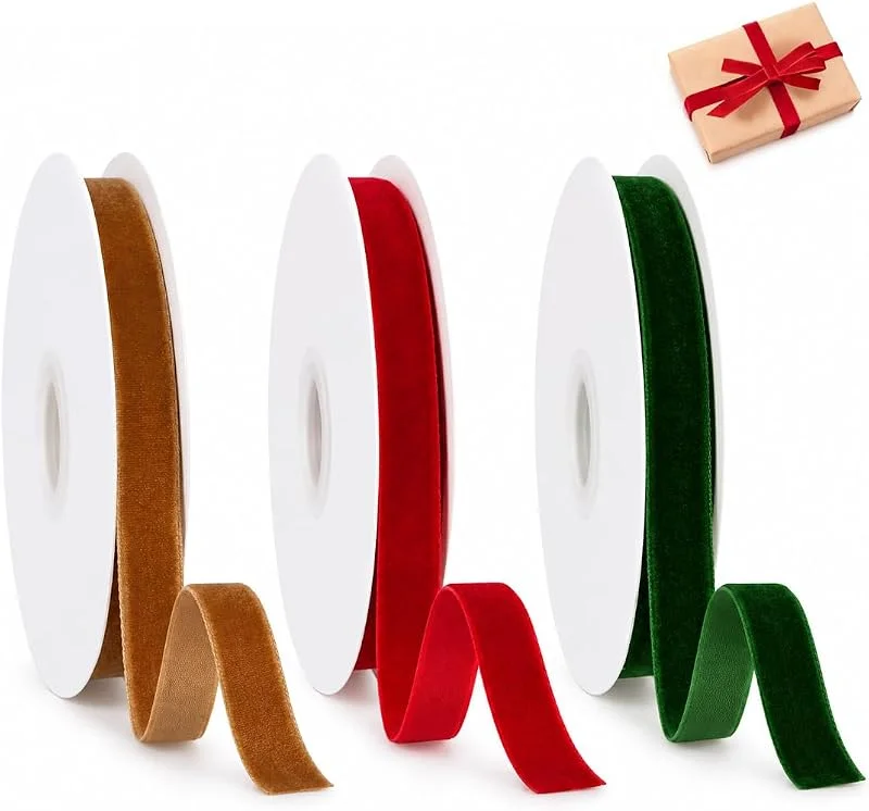 AUHUNT Cinta de Terciopelo Rojo - Lazo de Terciopelo Burdeos para Navidad, Rollo de 5 Metros para Envolver Regalos y Decorar el Árbol — Envoltorio regalo