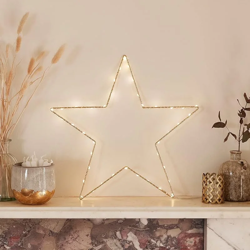 Visita la tienda de Lights4fun Lights4fun Decoración de Navidad Estrella Dorada de 34cm con 40 LED Blancos Cálidos a Pilas para Interiores — Decoracion Navidad