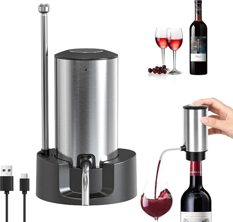 JIMACRO Aireador y Dispensador de Vino Eléctrico, Dispensador Automático Decantador de Vino con Base, Aireador de Vin Electrico Vertedor Recargable para Amantes del Vin (Aceros Inoxidables) — Vino y mesa festiva