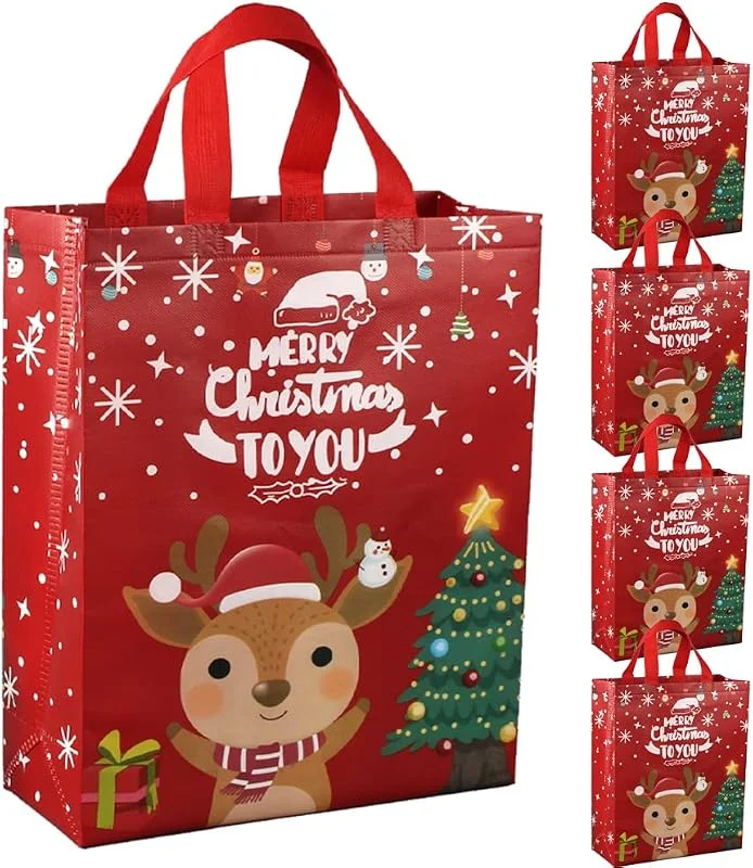DOJoykey Bolsas navideñas, 5 piezas, bolsas navideñas rojas con asa, bolsas de regalo de tela no tejida, tamaño grande para regalar, entregar, comprar, decorar fiestas — Envoltorio regalo
