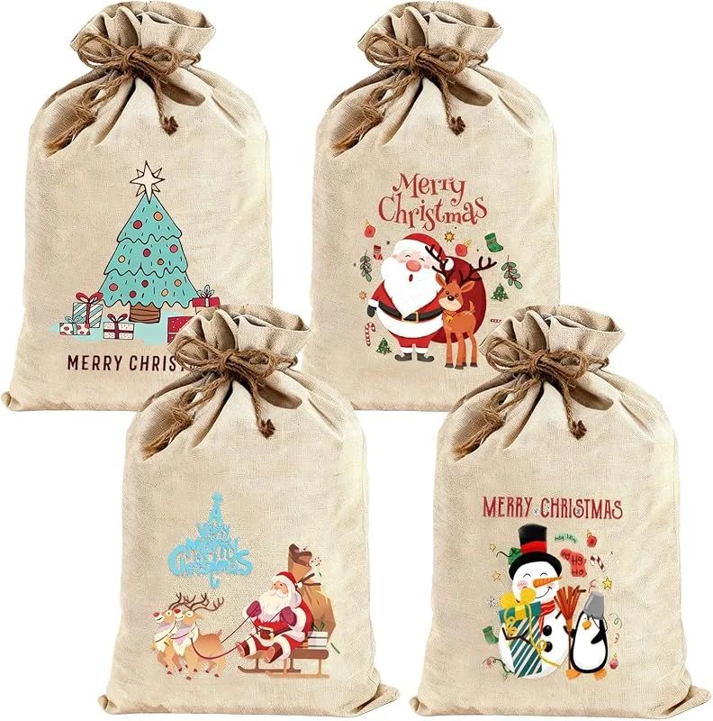 Behogan 4 bolsas de Navidad de 40 x 50 cm, bolsas de regalo grandes de yute con cordón, para fiestas y envoltorios de regalo — Envoltorio regalo