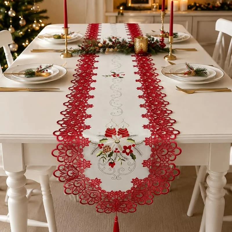 Visita la tienda de Lkw Ogechi Camino de Mesa Bordado Encaje Rojo, Camino de Mesa Decoración del Hogar de Poliéster 40 x 180 cm, Centro de Mesas Mantel para Fiesta de Bodas de Navidad con Borlas Floral — Hogar y cocina