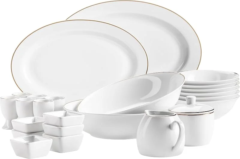 MÄSER 931735 Serie Professional Dining - Juego de cuencos para cereales, hueveras, cuencos, azucareros, leche, cuencos para salsas y platos para servir, 24 piezas, color blanco con borde dorado — Adviento y mesa